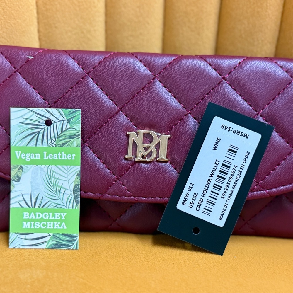 Badgley Mischka Wine Quilted Vegan Leather Card Wallet with Gold Logo